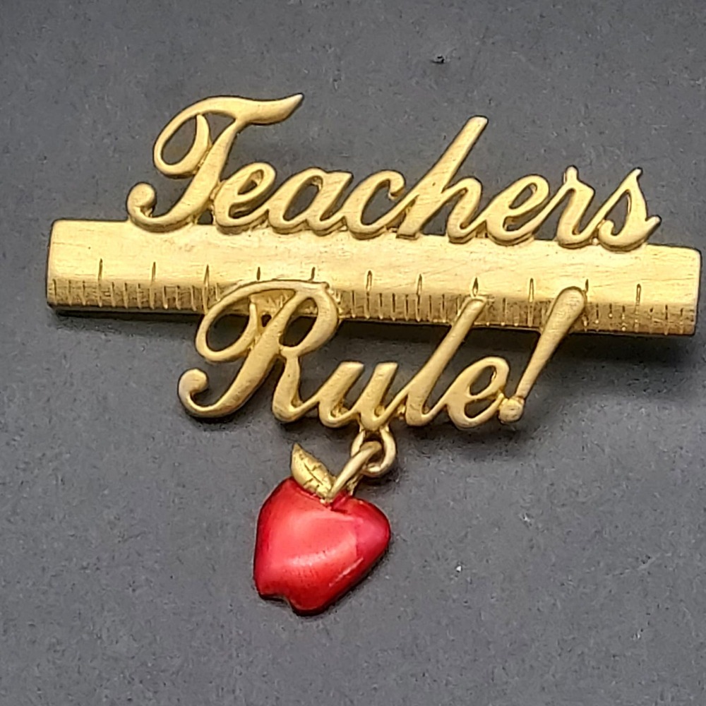 JJ Jonette Jewelry Gold Tone Teachers Rule Brooch Red Apple Rule Back to School